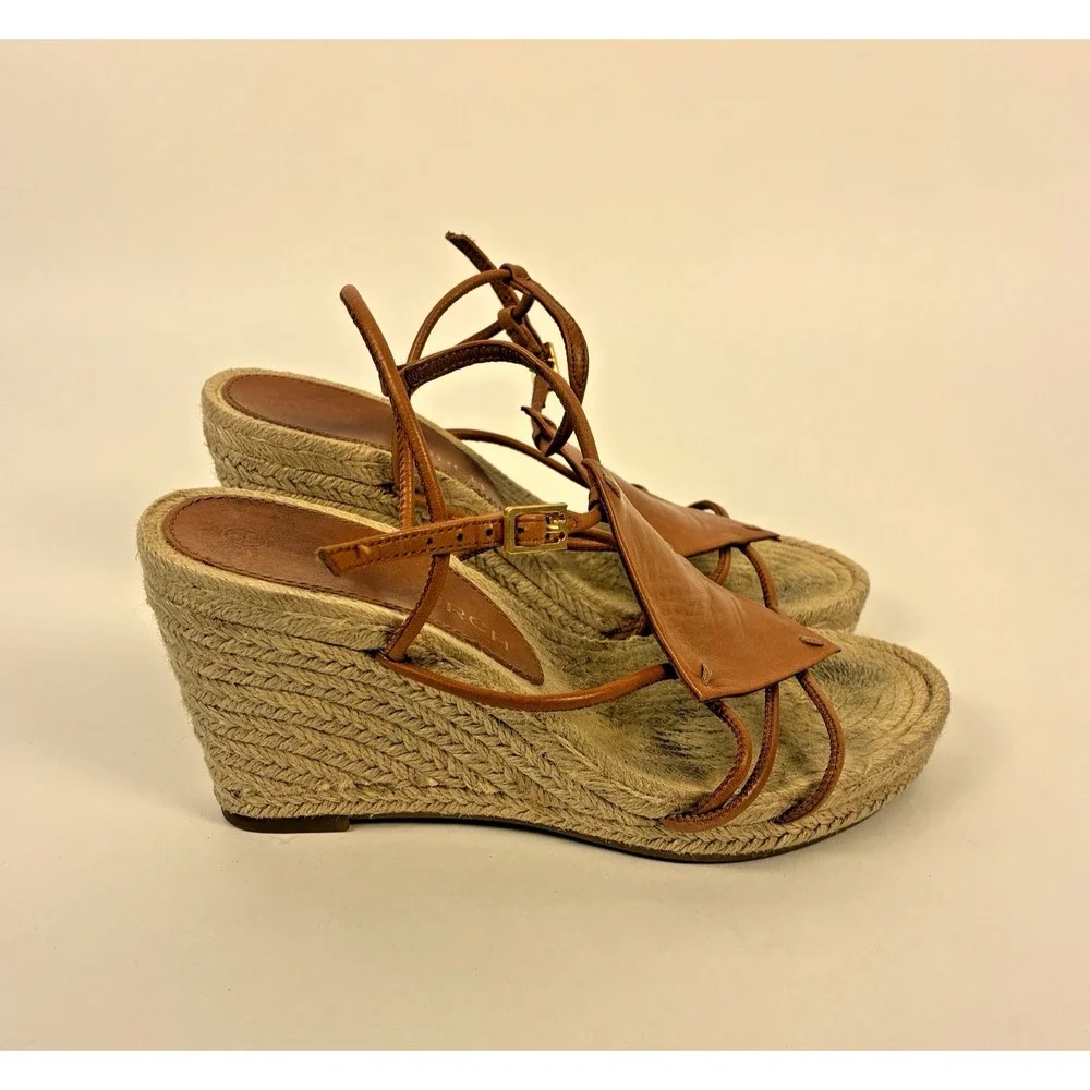 Tory Burch Brown Diamond Patch Espadrille Wedge Strappy Sandal Women's Size 7